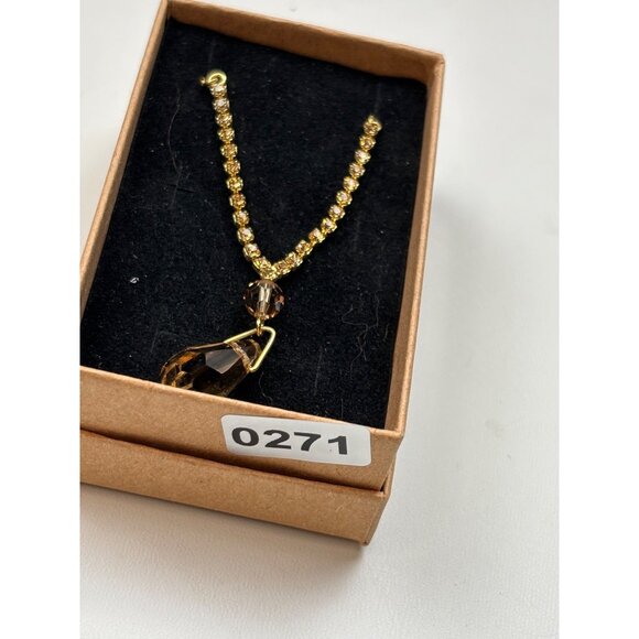 Gold Rhinestone Necklace With Amber Crystal Drop Pendant - Picture 7 of 7